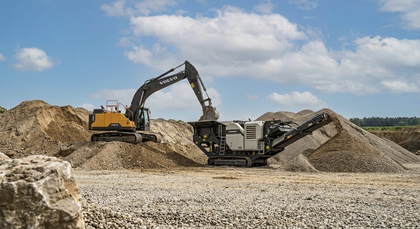 Bagger bei Abbrucharbeiten im Steinbruch
