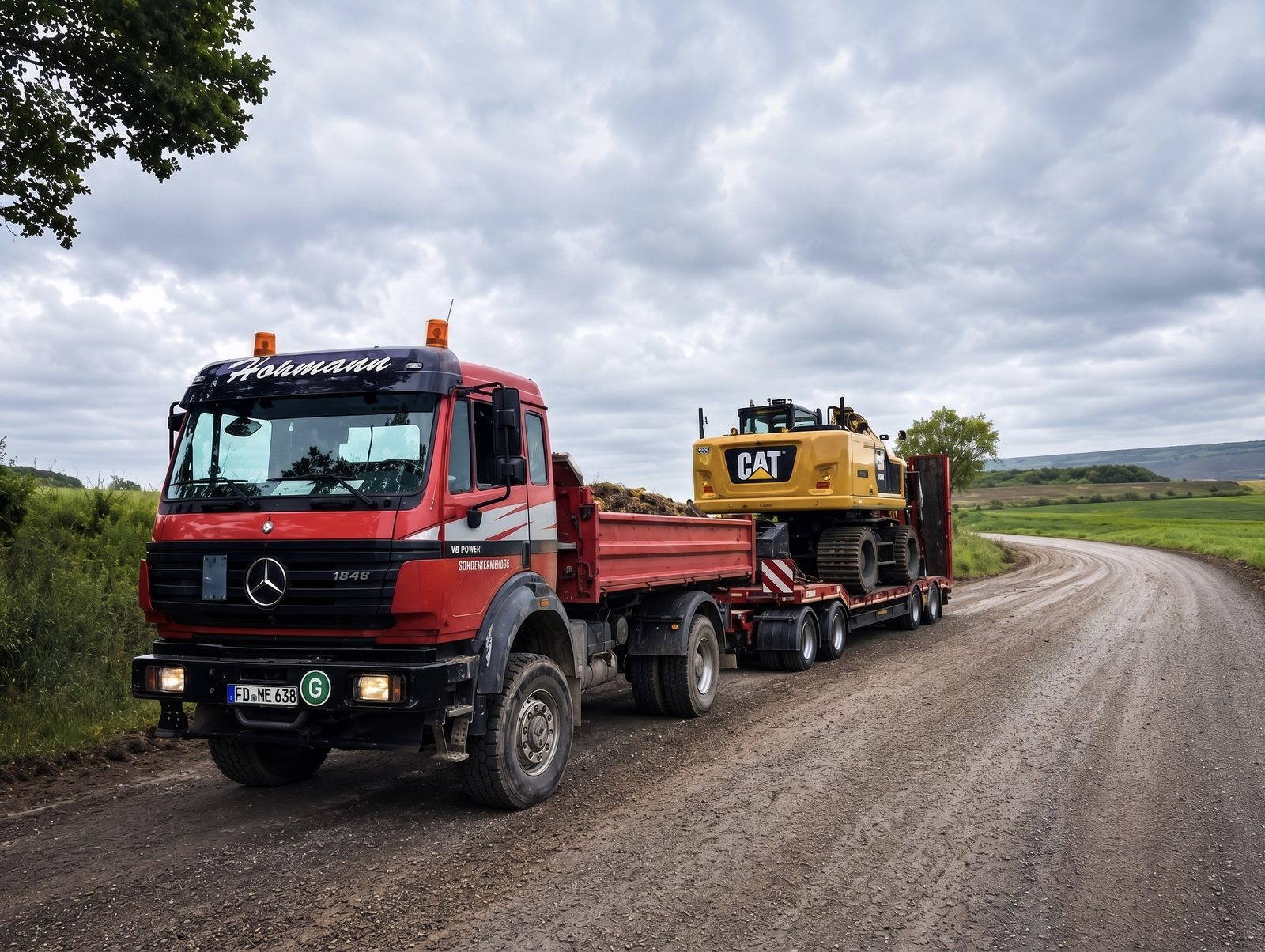Roter Hohmann-LKW mit Anhänger